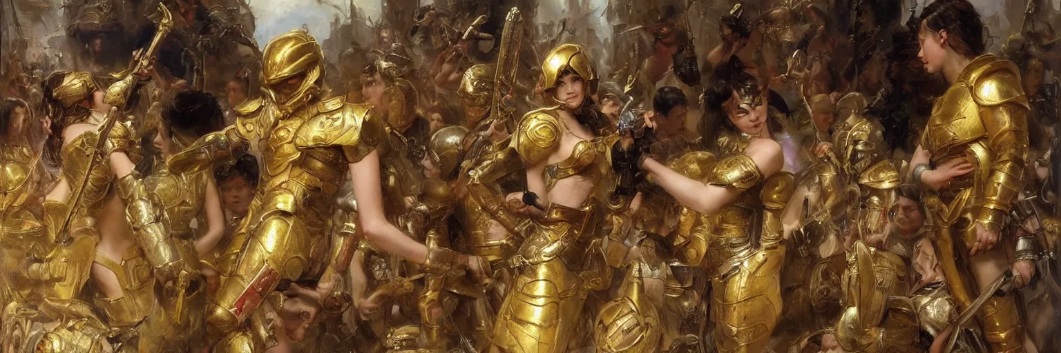 Image similar to a single young girl wearing a gold armor standing in a battlefirld, surrounded by dead bodies, extremely realistic and highly detailed painting by gaston bussiere and j. c. leyendecker 8 k