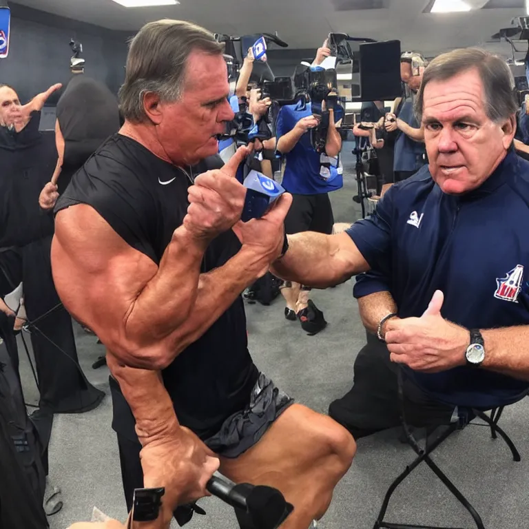 Prompt: Coach Belichick with a ripped physique answering questions from the media about steroid use