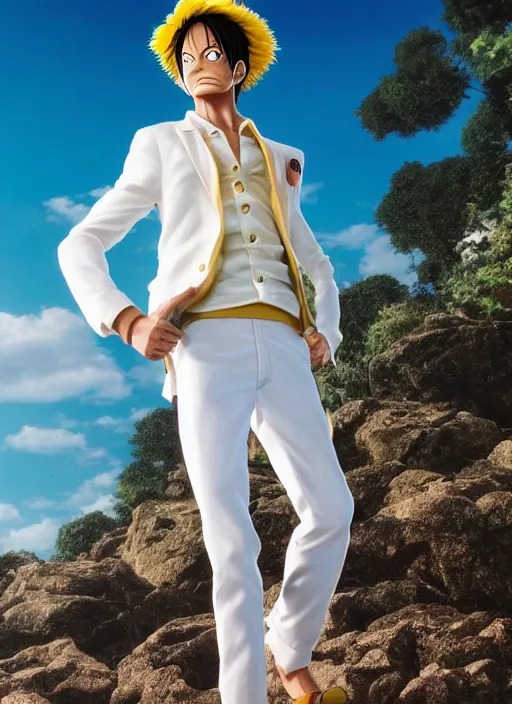 Image similar to a professional photo of luffy wearing a white suit, hyper realistic, golden hour effect