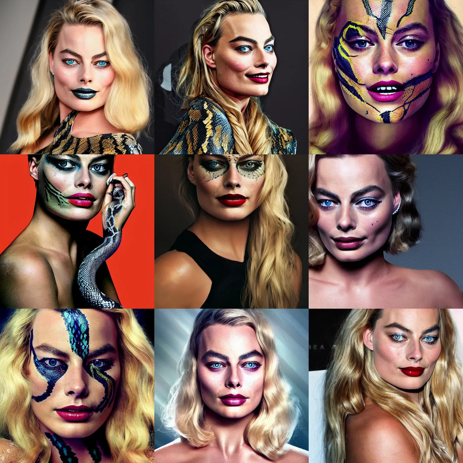 Prompt: a beautiful portrait of margot robbie with snake makeup, hyper realistic, hyper detailed, artistic