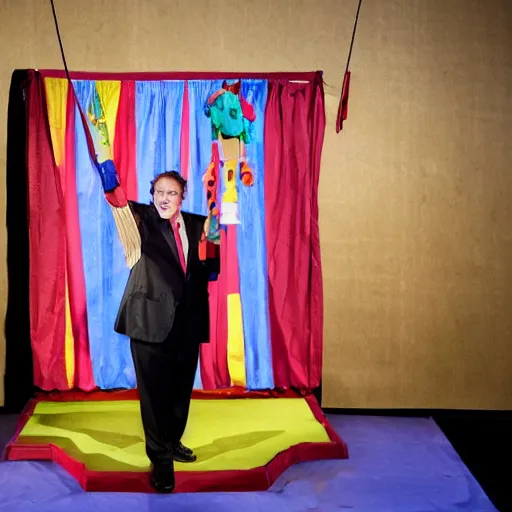 Image similar to puppet show with a puppeteer using a string marionette of a president with clown makeup in a podium