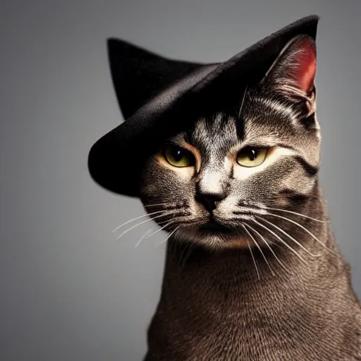 Image similar to a cat gentleman wearing a black leather hat, frontal view, cool looking