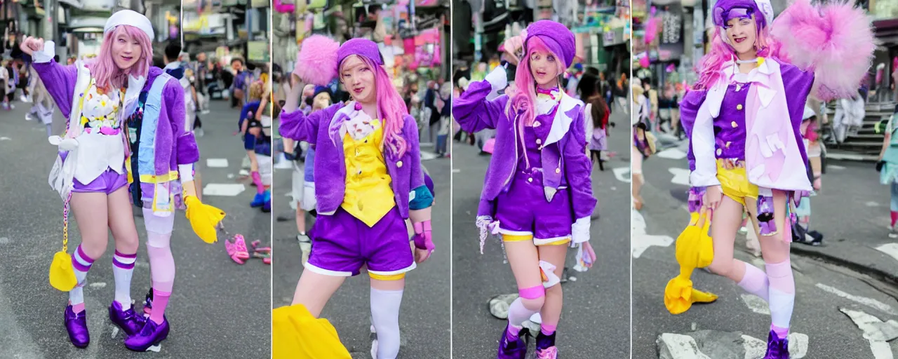 Prompt: A character sheet of a cute magical girl with short blond hair and freckles wearing an oversized purple Beret, Purple overall shorts, Short Puffy pants, pointy jester shoes, a big yellow scarf, and white leggings. Rainbow accessories all over.Photo Collage. Decora Fashion. harajuku street fashion. Cosplay. E-Girl. Kawaii Design. Intricate. Highly Detailed. Photorealistic. Sunlit