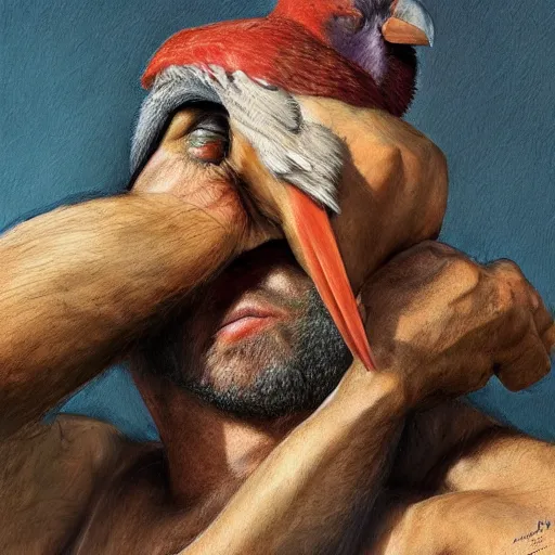 Image similar to man, bird's head, strong, gladiator, hyper realism