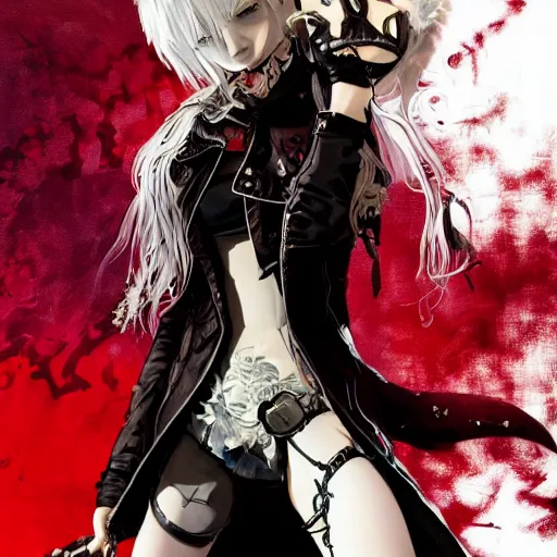 Prompt: highly detailed portrait of a punk young vampire hunter lady ((punk)) with wavy blonde hair, by Dustin Nguyen, Akihiko Yoshida, Greg Tocchini, Greg Rutkowski, Cliff Chiang, 4k resolution, nier:automata inspired, castlevania inspired, devil may cry inspired, vibrant but dreary red, brown, white and black color scheme!!! ((Medieval graffiti Church background))