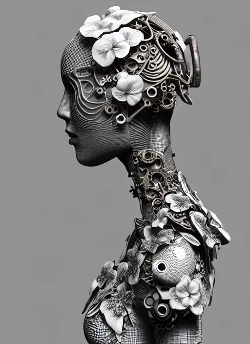 Image similar to monochrome 3 d model, biomechanical young female cyborg with porcelain profile face and a big floral eye, big leaves foliage and stems, hibiscus flowers, boho floral vines, sinuous fine roots, fine filigree foliage lace, alexander mcqueen, rim light, art nouveau fashion pearl embroidered collar, steampunk, redshift render, 8 k