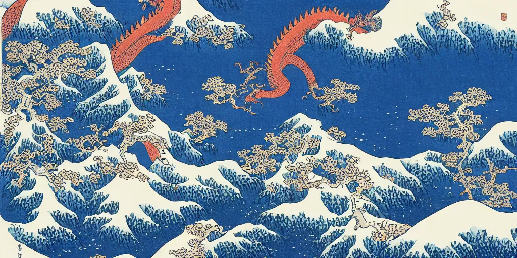 Prompt: beautiful idyllic poster illustration for a craggy snow valley national park, no trees, dragons in the sky, by hokusai