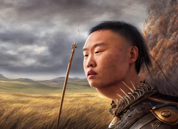 Prompt: a full head photoshot, detailed photograph of a dreaming mongol warrior in a distance landscape, photorealism ultradetailed digital art, irina french, heraldo ortega, mandy jurgens, golden ratio, art canvas, award winning, masterpiece trending on artstation 8 k 1 5 0 mpx, hasselblade wide shot