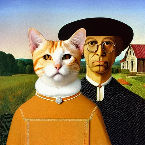 Prompt: fat orange tabby cat, man with afro in american gothic by grant wood