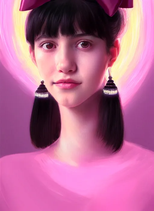 Image similar to portrait of teenage girl, narrow face, black hair, bangs, half updo hairstyle, skinny, smile, unattractive, defined jawline, big chin, wearing pink hair bow, earrings, intricate, elegant, glowing lights, highly detailed, digital painting, artstation, sharp focus, illustration, art by wlop, mars ravelo and greg rutkowski