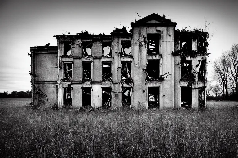 Prompt: derelict abandoned hr giger tenement building alone in a field, a high contrast hyper detailed black and white studio portrait photo, shot in area x from the movie annihilation, by beau brashares, pinhole photography