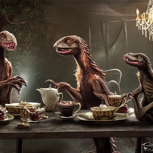 Image similar to velociraptors having a fancy tea party, photorealistic, high resolution, vray, hdr, hyper detailed, insane details, intricate, elite, ornate, elegant, luxury, dramatic lighting, octane render, weta digital, micro details, 3 d sculpture