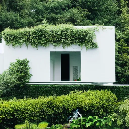 Image similar to futuristic house white covered in plants, hanging vines, motorcycle