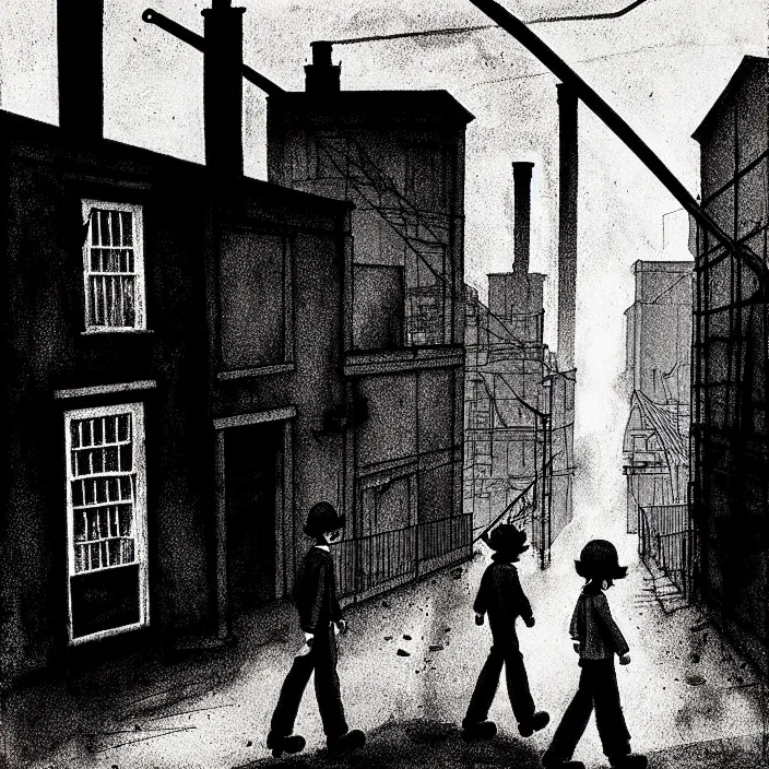 Prompt: [ sadie sink in dirty workmen clothes walks ] next to [ a long street with newcastle terraced housing ]. background : factory, dirty, polluted. technique : black and white pencil and ink. by gabriel hardman, joe alves, chris bonura. cinematic atmosphere, detailed and intricate, perfect anatomy