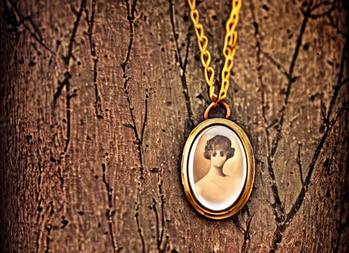 Prompt: old retro burnt out sepia photograph with scratches of a branch with a hanging golden necklace with a hanging tiny slim open oval rusty golden locket pendant with a retro (portrait of an elegant and aesthetic woman royalty!!) . with trees visible in the background with bokeh. Antique. High quality 8k. Intricate. Sony a7r iv 35mm. Award winning