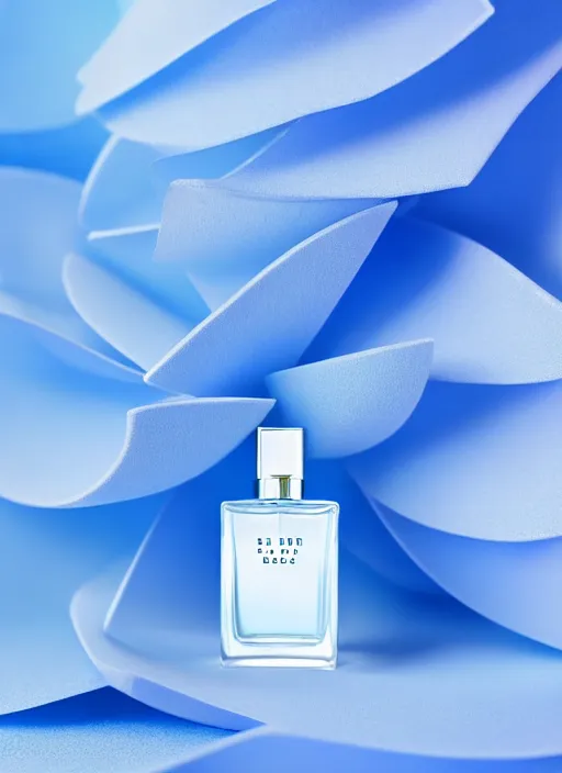 Image similar to blue perfume standing in white enchanted sparse blue flowersup close shot, sharp focus, zen, clean, modern minimalist, vogue octane highly render, 4 k, ultra hd,