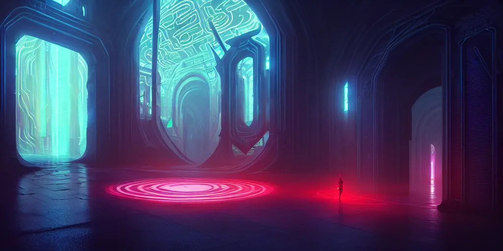 Prompt: portal to the ethereal realm, centered composition, intricate concept art, ethereal, ominous, mysterious, enchanted, magic, dramatic lighting, illuminated lines, outrun, vaporware, illuminated runes, cyberpunk darksynth, dark background, 8 k, octane render, by ruan jia and krenz cushart and alphonse mucha