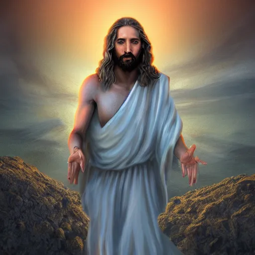 Image similar to an Artstation 3d render of Very very very very highly detailed beautiful mystic photo of jesus in the desert, intricate, extremely detailed, digital painting, artstation, concept art, smooth, sharp focus, illustration, intimidating lighting, incredible art,