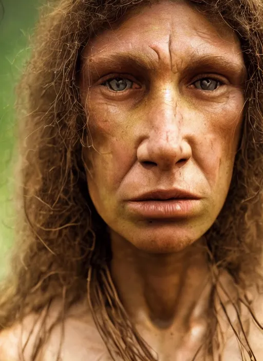 Image similar to closeup portrait of a neanderthal woman, depth of field, zeiss lens, detailed, symmetrical, centered, fashion photoshoot, by Annie Leibovitz and Steve McCurry, David Lazar, Jimmy Nelsson, Breathtaking, 8k resolution, extremely detailed, beautiful, establishing shot, artistic, hyperrealistic, beautiful face, octane render