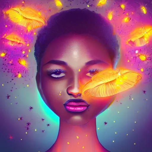 Prompt: dark skinned woman merging with a mushroom, fireflies, vivid colours, ultra realistic