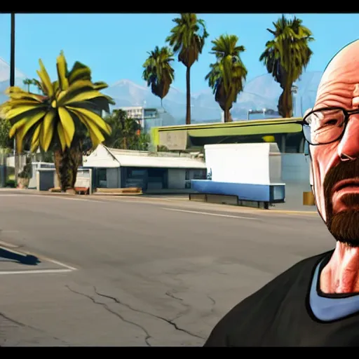 Image similar to Walter White in GTA V. Los Santos in the background, palm trees. In the art style of Stephen Bliss