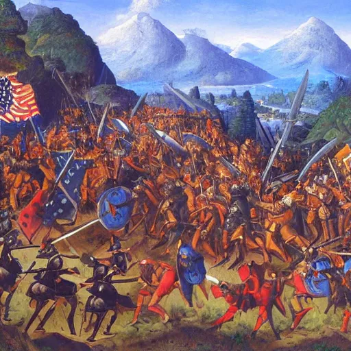 Image similar to wideshot of a medieval battle in front of a beautiful blue mountainscape, painting