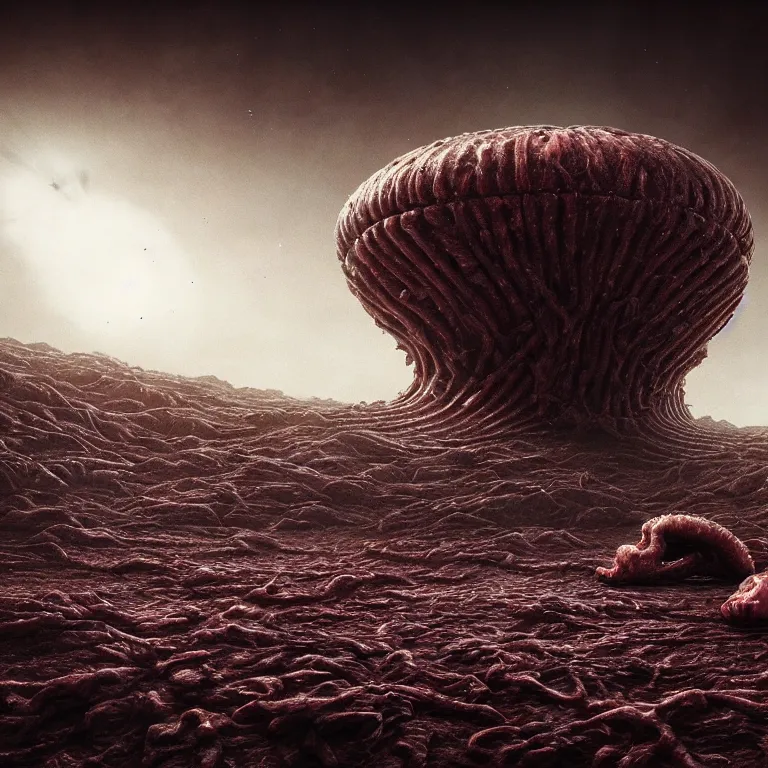 Prompt: ribbed surreal abandoned alien spaceship on exoplanet, covered in organic flesh meat in a desolate empty wasteland, creepy, nightmare, dream-like heavy atmosphere, surreal abandoned buildings, beautiful detailed intricate insanely detailed octane render trending on Artstation, 8K artistic photography, photorealistic, chiaroscuro, Raphael, Caravaggio, Beksinski, Giger