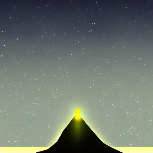 Image similar to 3 d game design of a mountain with a beam of light coming out of the top and a city at the bottom of it, there is lots of random shapes in the night sky, 3 d game design