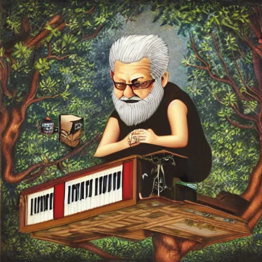 Image similar to old man white beard playing a synthesizer in a tree house, notes and clefs listening , lowbrow surrealistic, in the style of Mark Ryden,