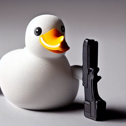 Prompt: a rubber duck holding a glock