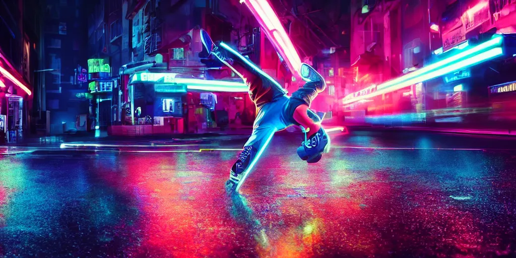 Image similar to cinematic camera wide angle of slow motion film still of futuristic break dancer wearing neon lights, long exposure shot , at night in the middle of a rainy street, paddle of water, water splashes, rim lights, glossy reflections, water droplets on lens, octane render, detailed and soft, by laurie greasley