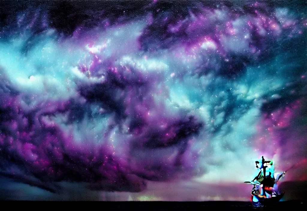 Image similar to purple color lighting storm with stormy sea close up of a pirate ship firing its cannons trippy nebula sky with dramatic clouds painting by banksy