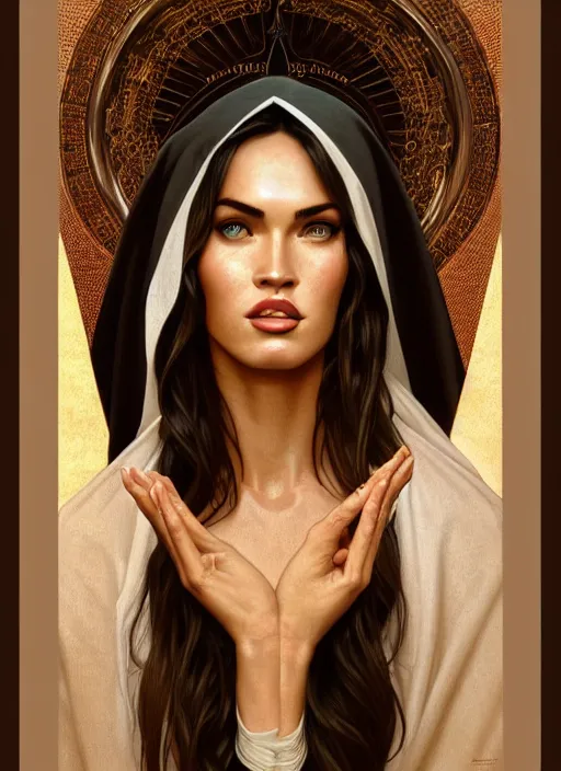 Image similar to portrait of megan fox as a sultry nun, catholic, church, bible, christian, intricate, headshot, highly detailed, digital painting, artstation, concept art, sharp focus, cinematic lighting, illustration, art by artgerm and greg rutkowski, alphonse mucha, cgsociety