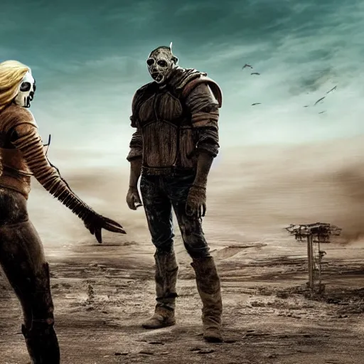 Image similar to a very huge, very big masked mutant man standing next to a very small blonde woman, they are staring at the horizon where there are the ruins of a city, postapocalyptic, mad max style, award winning photograph, over the shoulder, back, behind