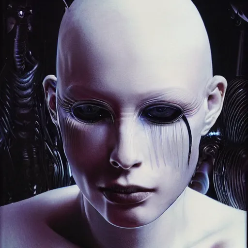 Prompt: portrait of eerily beautiful hairless avant-garde androgynous cyborg with shaved head and H.R. Giger clear tubes entering the side of her head and cheek, by Yoshitaka Amano