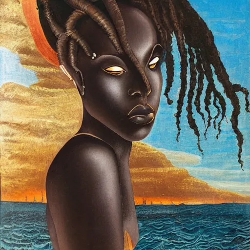 Prompt: full body painting Botticelli Black African goddess rising from the sea