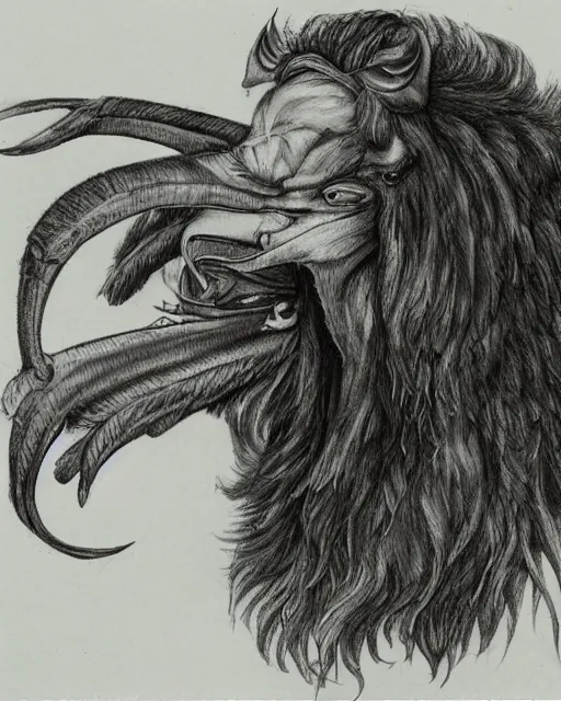 Image similar to human / eagle / lion / ox hybrid with two horns, one big beak, mane, human body. drawn