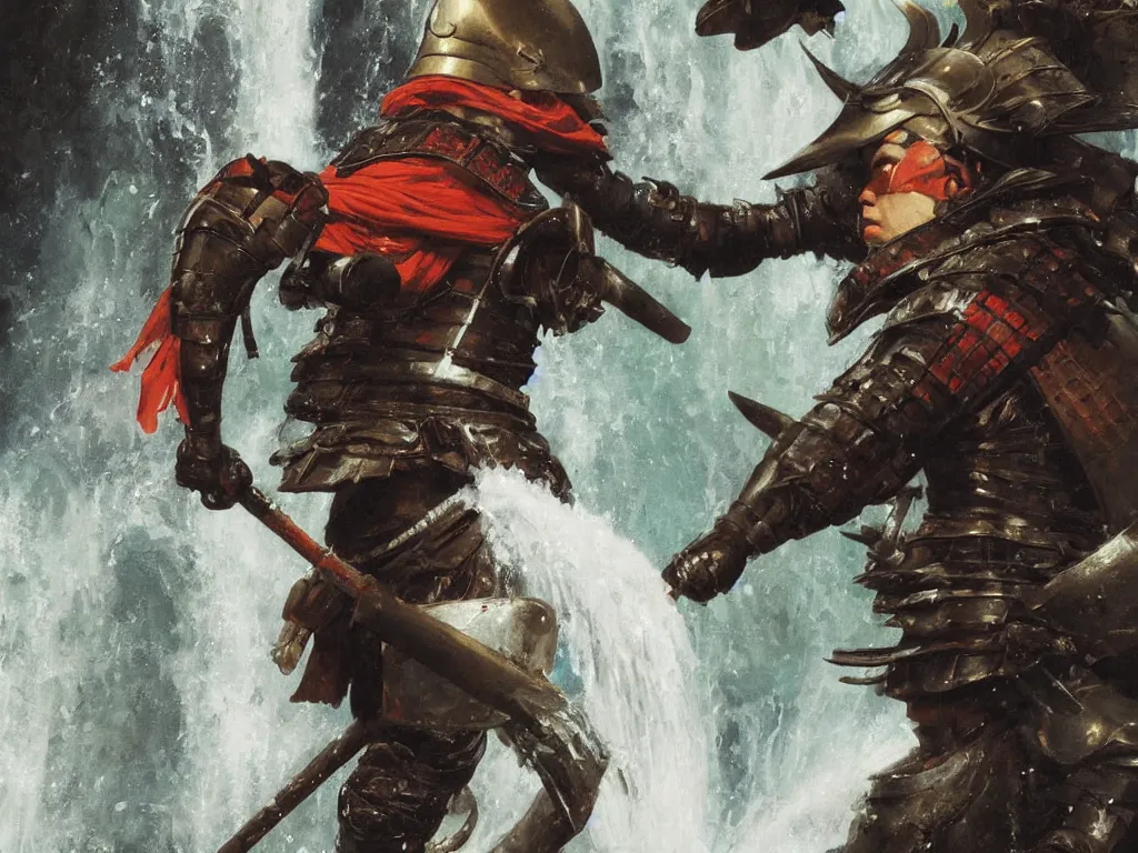 Image similar to close up of a samurai in full armor and helmet, training under a waterfall, by huang guangjian and gil elvgren, sachin teng, greg manchess