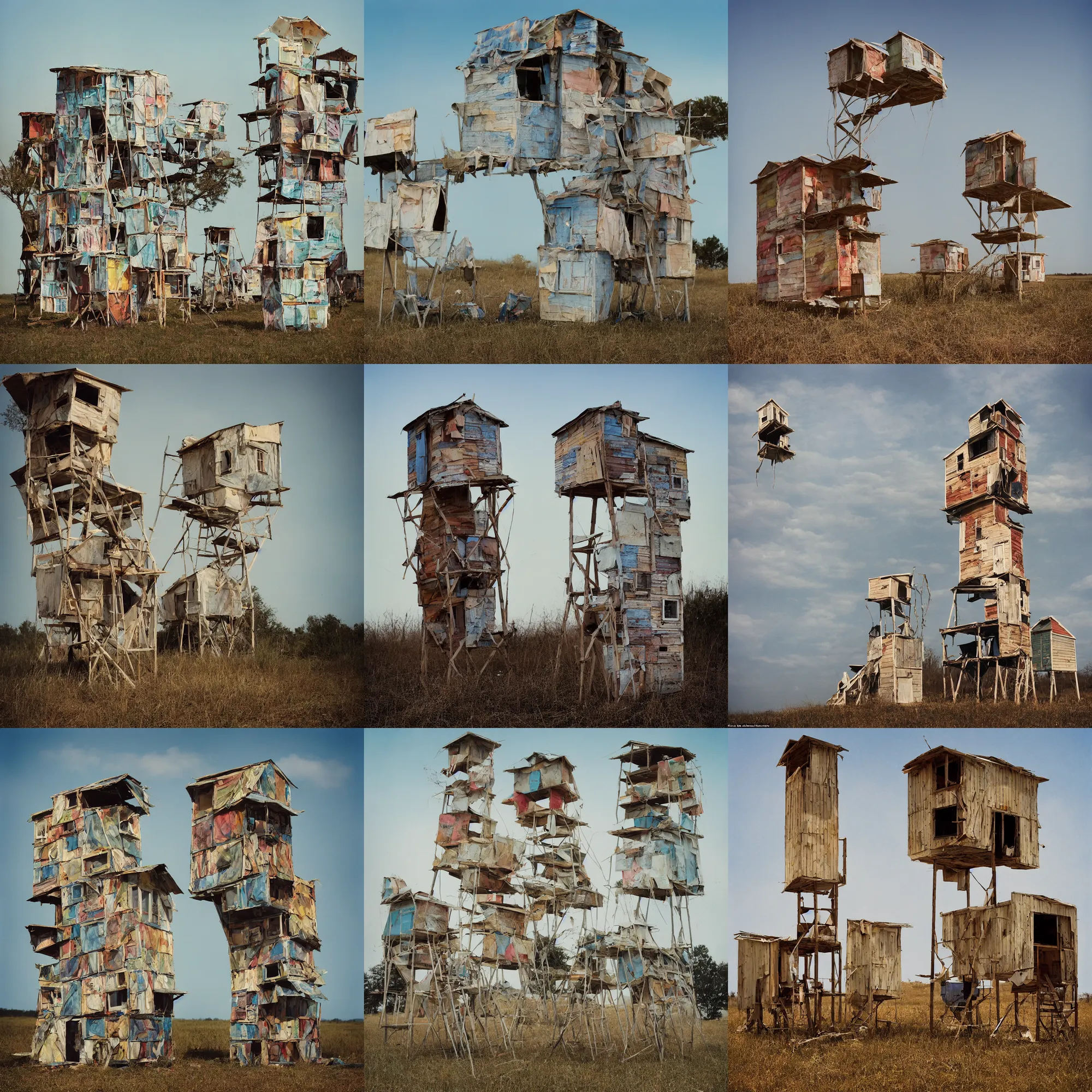 Prompt: a tower made up of makeshift squatter shacks with bleached colours, mamiya, 8 5 mm, f 1. 7, fully frontal view, uniform plain sky, light leaks, digital glitches, photographed by julie blackmon