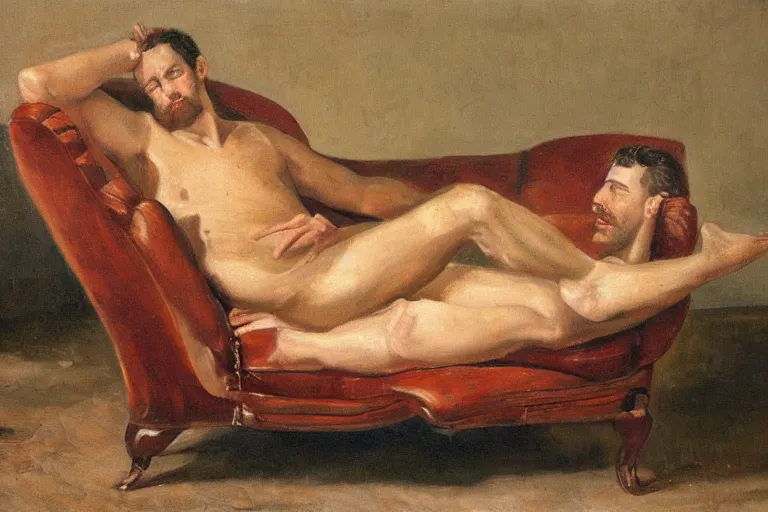 Image similar to a oil painting painting of a caucasian man relaxing on a brown reclined leather chair