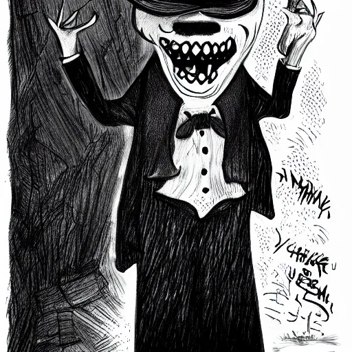 Image similar to a Pop Wonder scary horror themed goofy-hilarious-character babadook-wearing a scarf, 3-piece-suit, dime-store-comic drawn with charcoal and pen and ink, half-tone-line-stacking