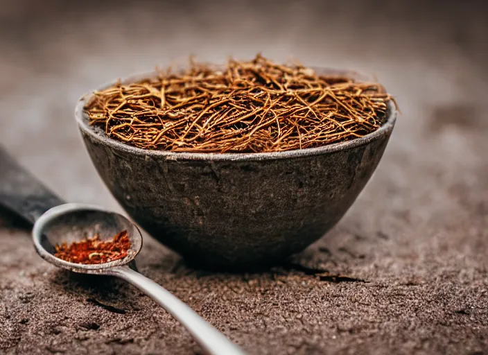 Image similar to dslr photograph of a bowl filled with rusty nails and metal parts with a spoon next to it, 8 5 mm f 1. 8