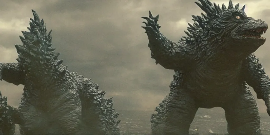 Image similar to movie still from godzilla derp, stupid godzilla, goofy and weird, uncomfortable, idiot godzilla