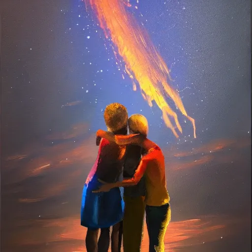 Image similar to A family hugging each other for the last time as the world is ending, meteors are falling from the sky, everything is on fire, dramatic lighting, oil on canvas, dramatic brushstrokes, very very very very very very beautiful, 8K, dark lighting, trending on Artstation, award winning