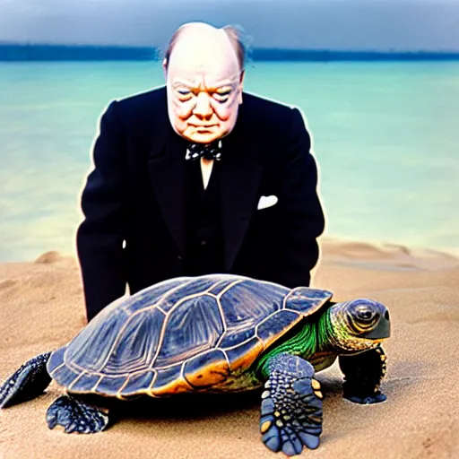 Prompt: An astonished agape Winston Churchill discovers the first turtle ever in Galapagos, national geographic, BBC, XF IQ4, f/2.5, ISO 200, 1/160s, 8K, RAW, unedited, face retouched