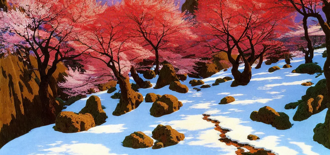 Image similar to ghibli illustrated background of a trail leading through a strikingly beautiful snowy landform with strange rock formations and red water, and cherry blossoms by vasily polenov, eugene von guerard, ivan shishkin, albert edelfelt, john singer sargent, albert bierstadt 4 k