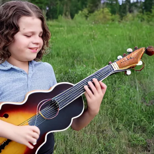 Prompt: a photo of a boy with long hair playing mandolin in the wilderness