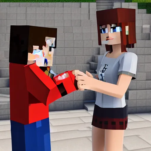 Image similar to Steve character from Minecraft meeting an anime girl for the firs time