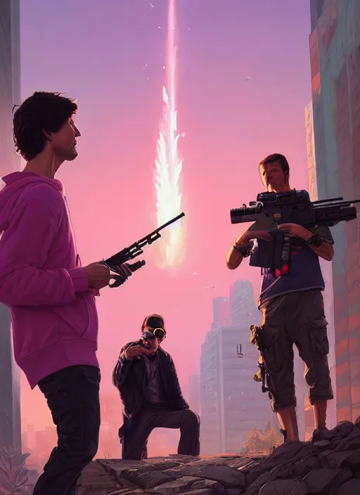 Image similar to highly detailed portrait justin trudeau in ( ( pink hoody rainbow socks ) ) holding ar - 1 5! in gta v stephen bliss unreal engine fantasy art by greg rutkowski loish rhads ferdinand knab makoto shinkai lois van baarle ilya kuvshinov rossdraws tom bagshaw global illumination radiant light detailed intricate environment