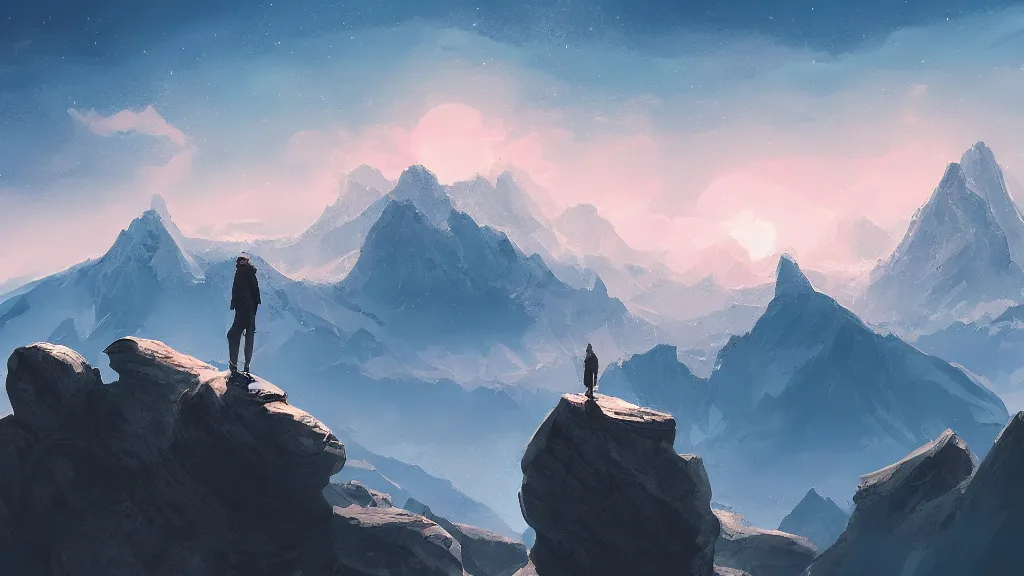 Prompt: someone standing at the peak of a mountain, big planet in the background, majestic, digital painting, trending on artstation